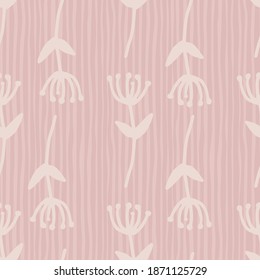 Nature seamless flowers shapes pattern. Floral motif in light tone on pink stripped background. Perfect for wallpaper, wrapping paper, textile print, fabric. Vector illustration.