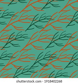 Nature seamless minimalistic autumn pattern with doodle branches shapes. Turquoise background. Decorative backdrop for fabric design, textile print, wrapping, cover. Vector illustration.