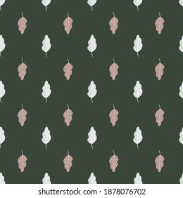 Nature seamless oak tree foliage doodle pattern with pastel palette. Dark grey background. Stock illustration. Vector design for textile, fabric, gift wrap, wallpapers.