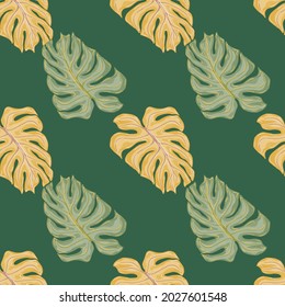 Nature seamless pattern with abstract decorative monstera leaf ornament. Pastel turquoise tones. Decorative backdrop for fabric design, textile print, wrapping, cover. Vector illustration.