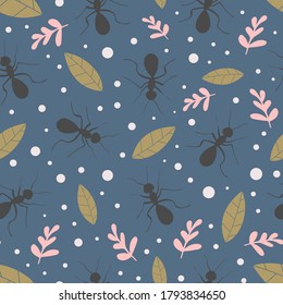 Naturaleza sin fisuras con hormigas y hojas. Insectos y plantas. Ilustración vectorial.