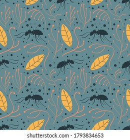 Nature seamless pattern with ants and leaves. Vector illustration.