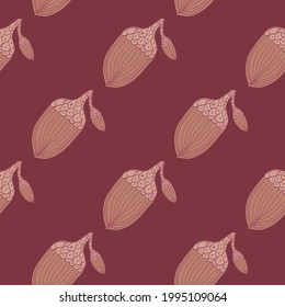 Nature seamless pattern with autumn botany acorn elements shapes. Maroon background. Vector illustration for seasonal textile prints, fabric, banners, backdrops and wallpapers.