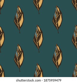 Nature seamless pattern with autumn brown leaves silhouettes. Turquoise dark background. Flat vector print for textile, fabric, giftwrap, wallpapers. Endless illustration.