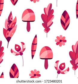 Nature seamless pattern with autumn flowers and leaves in orange and pink colors. Decorative elements in flat style for wallpaper, cards, textile and etc. Vector illustration.