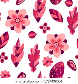 Naturaleza sin fisuras con flores de otoño y hojas en colores naranja y rosa. Elementos decorativos de estilo plano para papel pintado, tarjetas, textiles, etc. Ilustración vectorial.