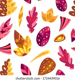 Nature seamless pattern with autumn flowers and leaves in orange and pink colors. Decorative elements in flat style for wallpaper, cards, textile and etc. Vector illustration.