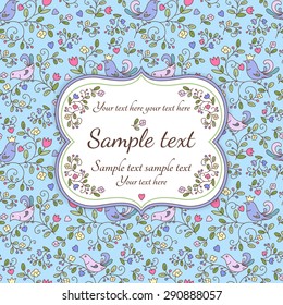 Nature seamless pattern or background with flowers, birds and sample text, blue