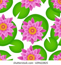 Nature seamless pattern with beautiful pink lotus and green leaves. Floral bright background with stylized waterlily flower. Trendy stylish wallpaper. Vector illustration
