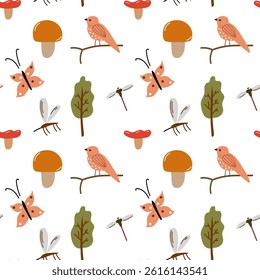 Nature seamless pattern with bird and tree.