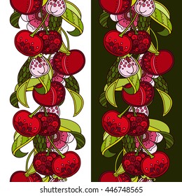 Nature seamless pattern with Branches, leaves, berries, flowers, cherry in ornamental style. Floral, ornate, decorative color garden abstract background. 