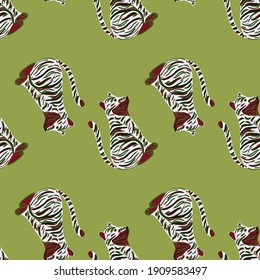 Nature seamless pattern with brown and grey colored tiger silhouettes. Green pastel background. Stock illustration. Vector design for textile, fabric, gift wrap, wallpapers.