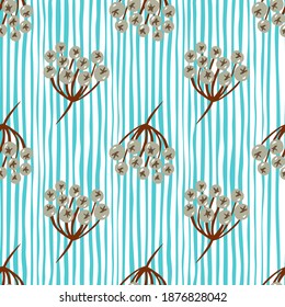 Nature seamless pattern with brown rowan berries branches elements. Blue striped background. Perfect for fabric design, textile print, wrapping, cover. Vector illustration