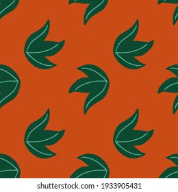 Nature seamless pattern with contoured green foliage silhouettes print. Orange dark background. Great for fabric design, textile print, wrapping, cover. Vector illustration.
