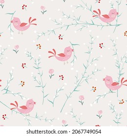 Nature seamless pattern with cute birds happy on sweet garden,vector illustration