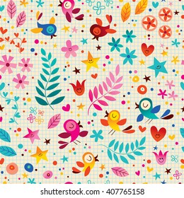 nature seamless pattern with cute birds flowers stars