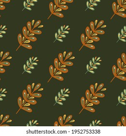Nature seamless pattern in dark tones with doodle leaf branch ornament. Brown background. Abstract print. Designed for fabric design, textile print, wrapping, cover. Vector illustration.