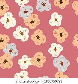 Nature seamless pattern with doodle random childish flowers ornament. Pink background. Simple print. Great for fabric design, textile print, wrapping, cover. Vector illustration.