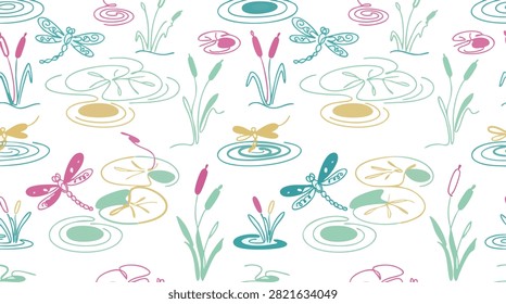 Nature seamless pattern with dragonflies and water lily pads