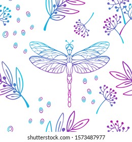Nature seamless pattern with dragonfly. Hand drawn image. Colorful line sketch on white background. Vector illustration
