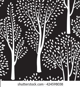 Nature seamless pattern. Forest tiled background. Trees and birds wildlife vector illustration. Floral black and white wallpaper