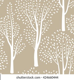 Nature seamless pattern. Forest tiled background. Trees and birds wildlife vector illustration. Floral black and white wallpaper
