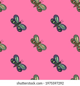 Nature seamless pattern with green botanic printed butterfly shapes print. Pink bright background. Great for fabric design, textile print, wrapping, cover. Vector illustration.