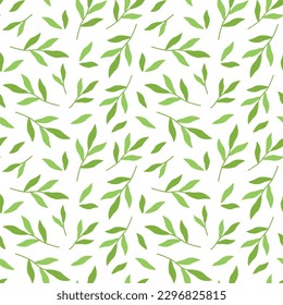 Nature seamless pattern with green leaves. Vector illustration of foliage. Botanical pattern with twigs. Deciduous background.