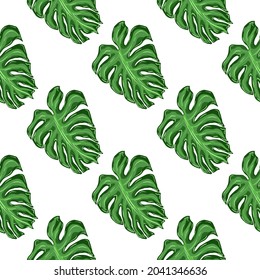 Naturnahtloses Muster mit grünem Monstera-Blattdruck. Weißer Hintergrund. Einfaches Naturbild. Dekorativer Hintergrund für Stoffdesign, Stoffdruck, Umhüllung, Abdeckung. Vektorgrafik.