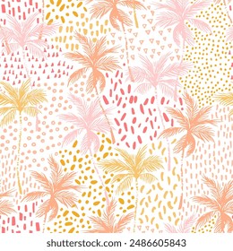 Nature seamless pattern. Grunge palm trees silhouettes. Hand drawn abstract tropical summer background: palm trees, minimal squiggles, dots. Jungle vector art for summer design, beach swimwear, fabric