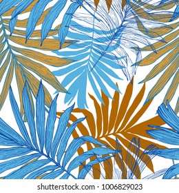 Nature seamless pattern. Hand drawn abstract tropical summer background : palm tree leaves in silhouette, line art. Vector art illustration in golden retro colors