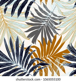 Nature seamless pattern. Hand drawn abstract tropical summer background : palm tree leaves in silhouette, line art. Vector art illustration in golden retro colors