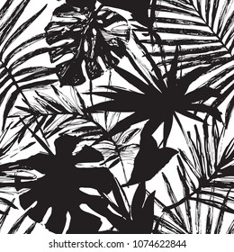 Nature Seamless Pattern. Hand Drawn Abstract Tropical Summer Background: Palm, Monstera Leaves In Silhouette, Line Art, Grunge, Scribble Textures. Vector Tropic Illustration In Black And White Colors