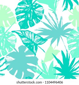 Nature seamless pattern. Hand drawn abstract tropical summer background: palm, monstera leaves in silhouette, line art, grunge, scribble textures. Vector tropic illustration in natural green colors