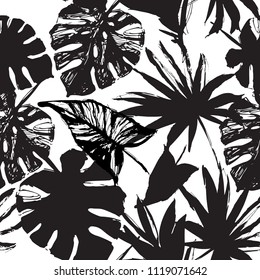 Nature seamless pattern. Hand drawn abstract tropical summer background: palm, monstera leaves in silhouette, line art, grunge, scribble textures. Vector tropic illustration in black and white colors