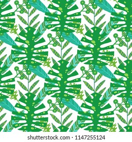 Nature seamless pattern. Hand drawn abstract tropical summer background palm, monstera leaves in silhouette, line art, grunge, scribble textures. Vector tropic illustration in natural green colors