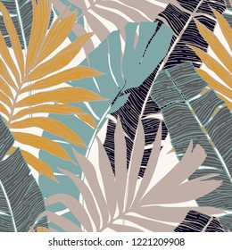 Nature seamless pattern. Hand drawn abstract tropical summer background : palm tree and banana leaves in silhouette, line art. Vector art illustration in golden retro colors