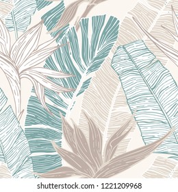 Nature seamless pattern. Hand drawn abstract tropical summer background : palm tree and banana leaves, bird-in-paradise flower in silhouette, line art. Vector art illustration in pastel retro colors