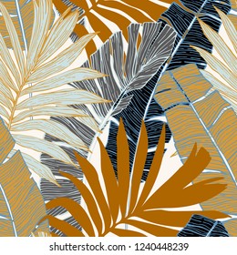 Nature seamless pattern. Hand drawn abstract tropical summer background : palm tree and banana leaves in silhouette, line art. Vector art illustration in golden retro colors