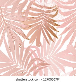 Nature seamless pattern. Hand drawn abstract tropical summer background: fan palm tree leaves in silhouette, line art with glossy gradient effect Vector art illustration in pastel gold rose pink color