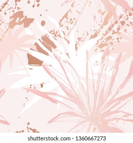 Nature seamless pattern. Hand drawn abstract tropical summer background: fan palm tree leaves, grunge brush strokes with glossy gradient effect Vector art illustration in pastel gold rose pink color