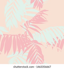 Nature seamless pattern. Hand drawn tropical summer background:pink, mint palm tree leaves silhouette, line art. Peach background.	
