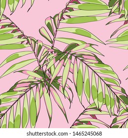 Nature seamless pattern. Hand drawn tropical summer background: bright green pank palm tree leaves.	
