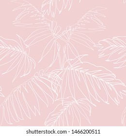 Nature seamless pattern. Hand drawn tropical summer background: white palm tree leaves, line art. Pink background.	
