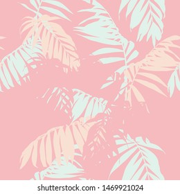 Nature seamless pattern. Hand drawn tropical summer background: mint and peach palm tree leaves silhouette, line art. Pink background.	
