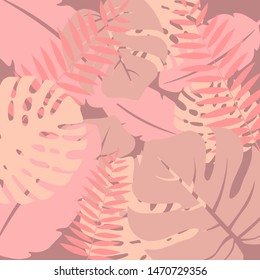 Nature seamless pattern. Hand drawn abstract tropical summer background: fan palm tree leaves in silhouette, line art with glossy gradient effect Vector art illustration in pastel gold rose pink color
