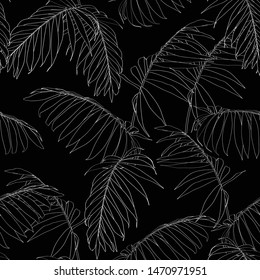 Nature seamless pattern. Hand drawn tropical summer background: white palm tree leaves, line art. Black background.	
