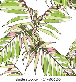 Nature seamless pattern. Hand drawn tropical summer background: bright green pank palm tree leaves. White background.	
