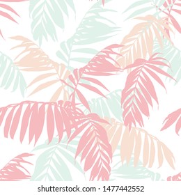 Nature seamless pattern. Hand drawn tropical summer background: mint, pink and peach palm tree leaves silhouette, line art. White background.	
