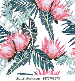 Nature seamless pattern. Hand drawn tropical summer background: exotic blue leaves and pink protea flowers. White background.